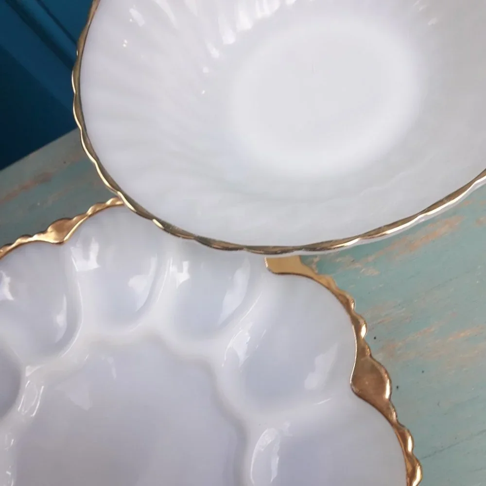 Milk Glass Bowl Egg Dish Set Gold Rimmed Vintage Fire King White Anchor Hocking - Picture 3 of 16